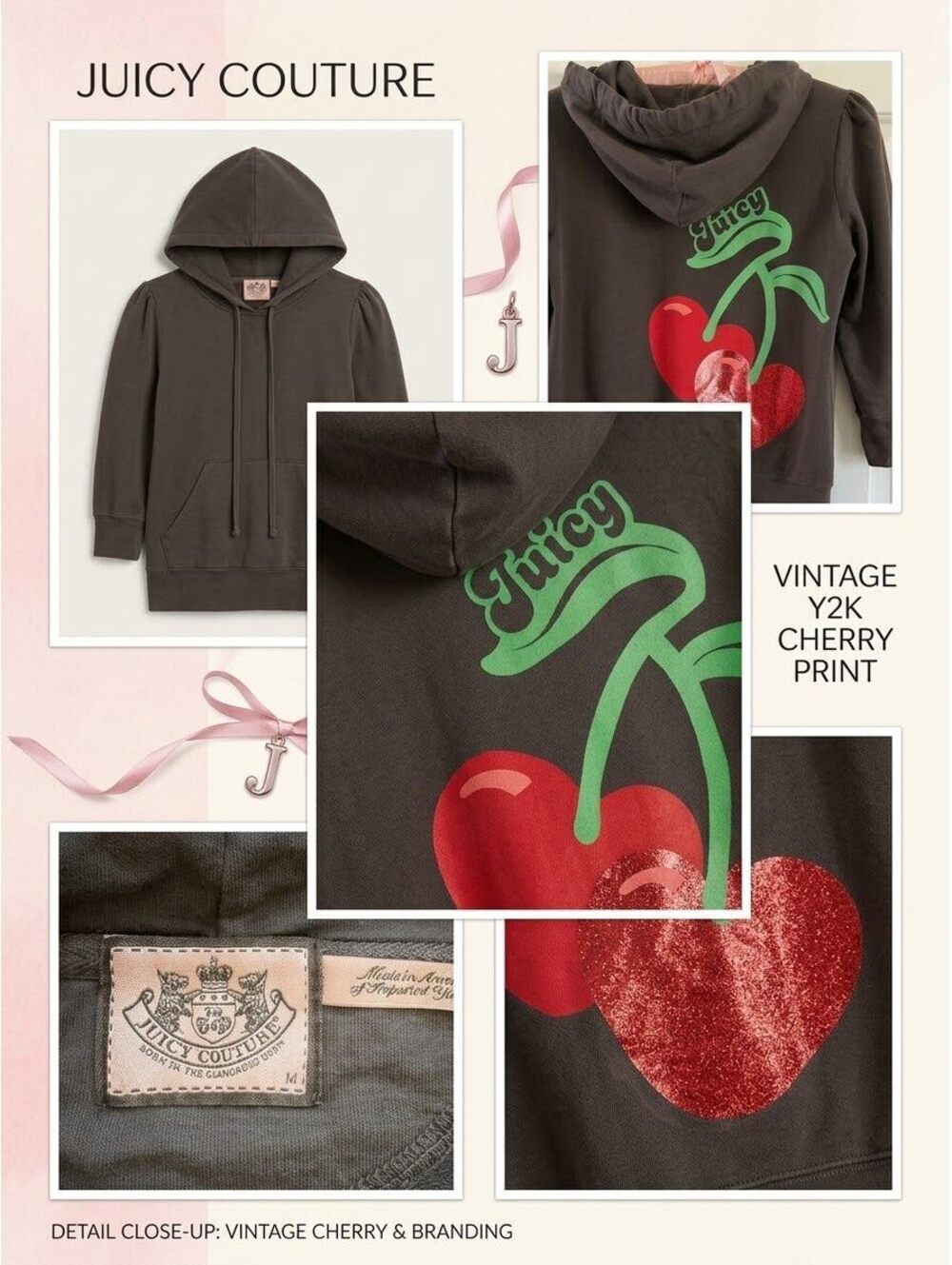 Vintage Juicy Couture Y2K Big Cherry Graphic Short Sleeve Hoodie Size M